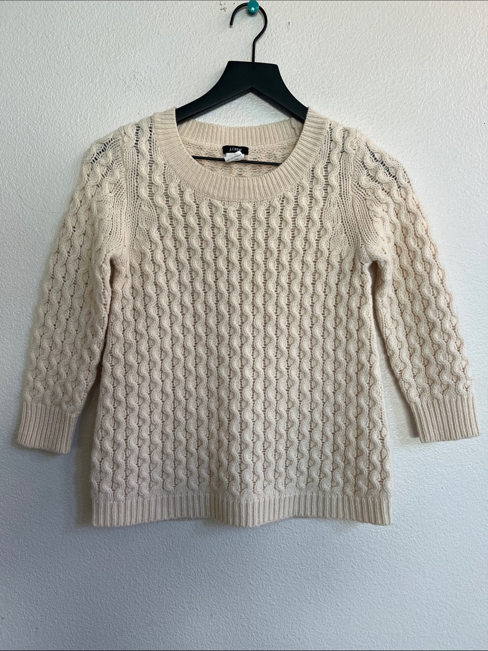 J. CREW Chunky Cable-Knit Crewneck Sweater Merino Wool Ivory Women's Size XXS